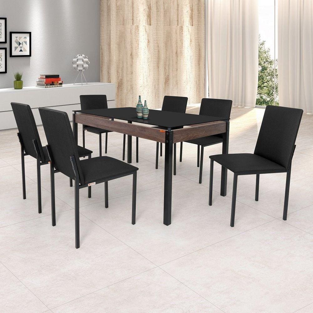 Conjunto Sala de Jantar Mesa Dubai 140x80cm Tampo Vidro com 6 Cadeiras Ciplafe Preto