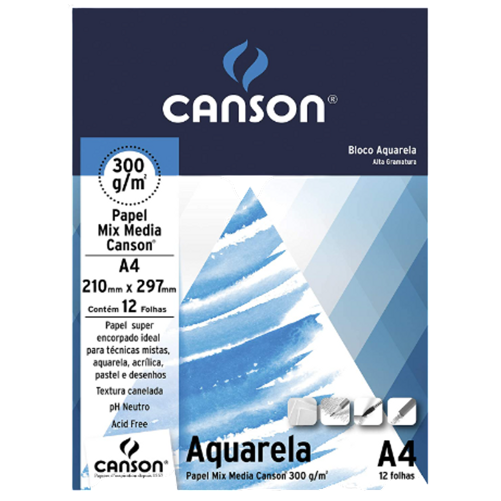 Bloco Aquarela Mix Media 12 Folhas papel A4 300g/m² Canson