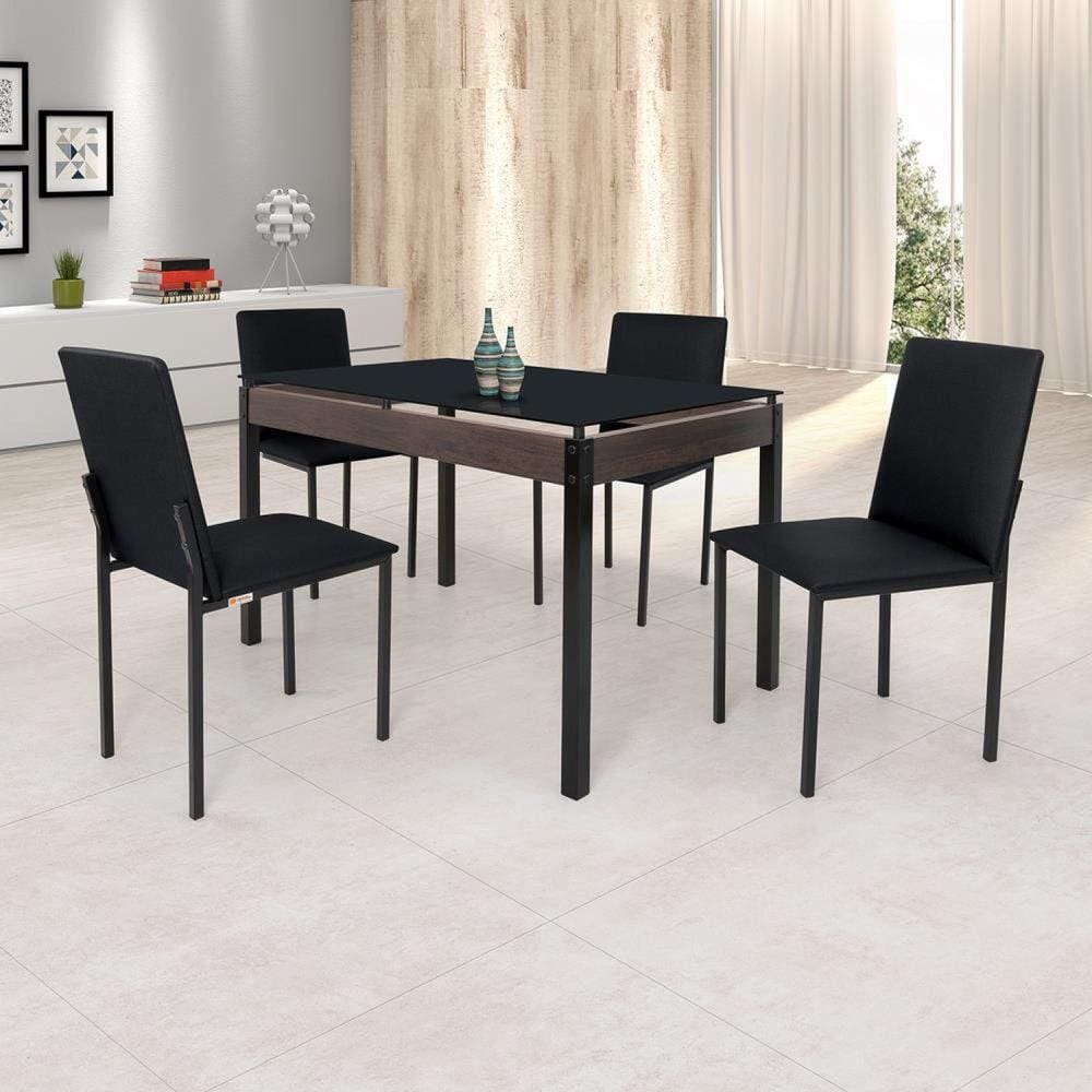 Conjunto Sala de Jantar Mesa Dubai 120x75cm Tampo Vidro com 4 Cadeiras Ciplafe Preto/Linho Preto