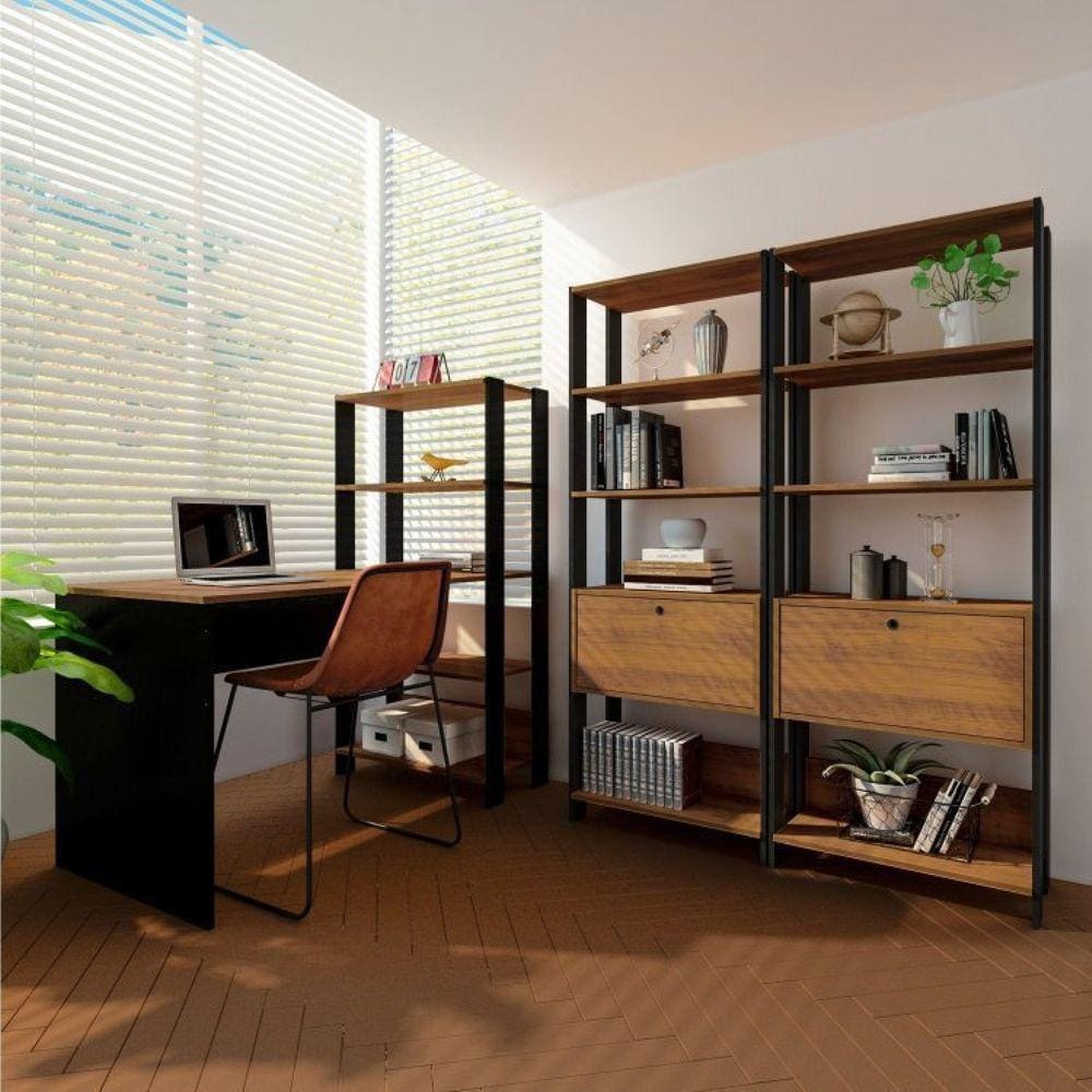 Conjunto Home Office 3 Peças 1 Escrivaninha 2 Estantes Match Artely Pinho/Preto