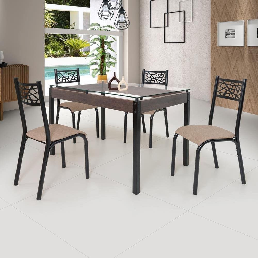 Conjunto Sala de Jantar Mesa Jade 120x75cm Tampo Vidro com 4 Cadeiras Ciplafe Preto Fosco/Linho Bege