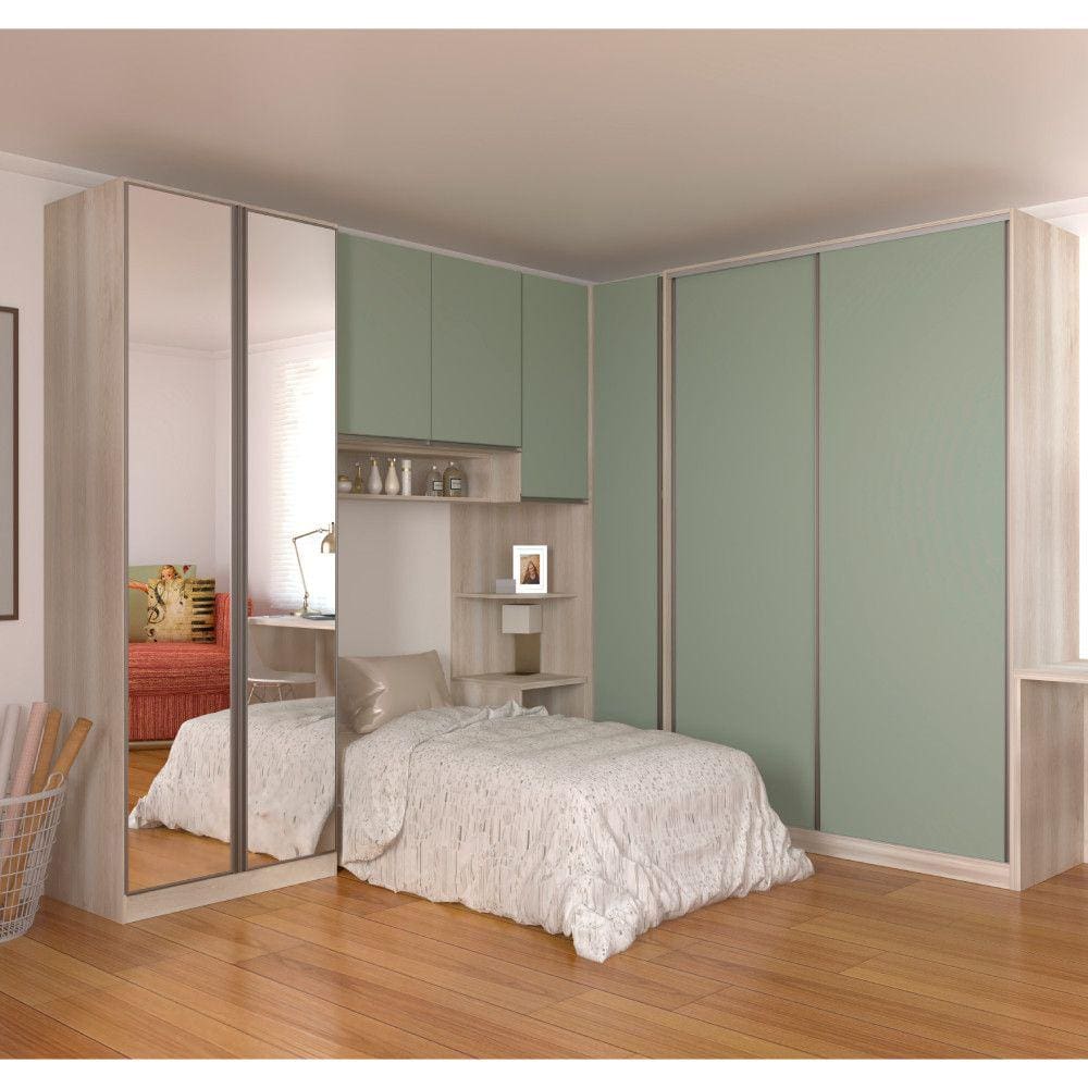 Quarto Completo de Canto Solteiro com 6 Módulos e Espelho Prime Plus Luciane Móveis