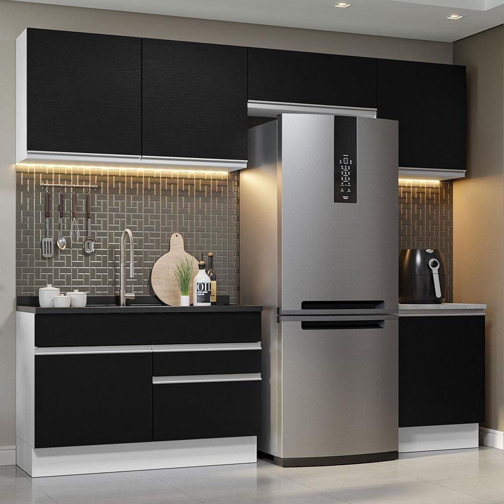 Armário De Cozinha 260Cm Branco/Preto Glamy 05 Branco/Preto