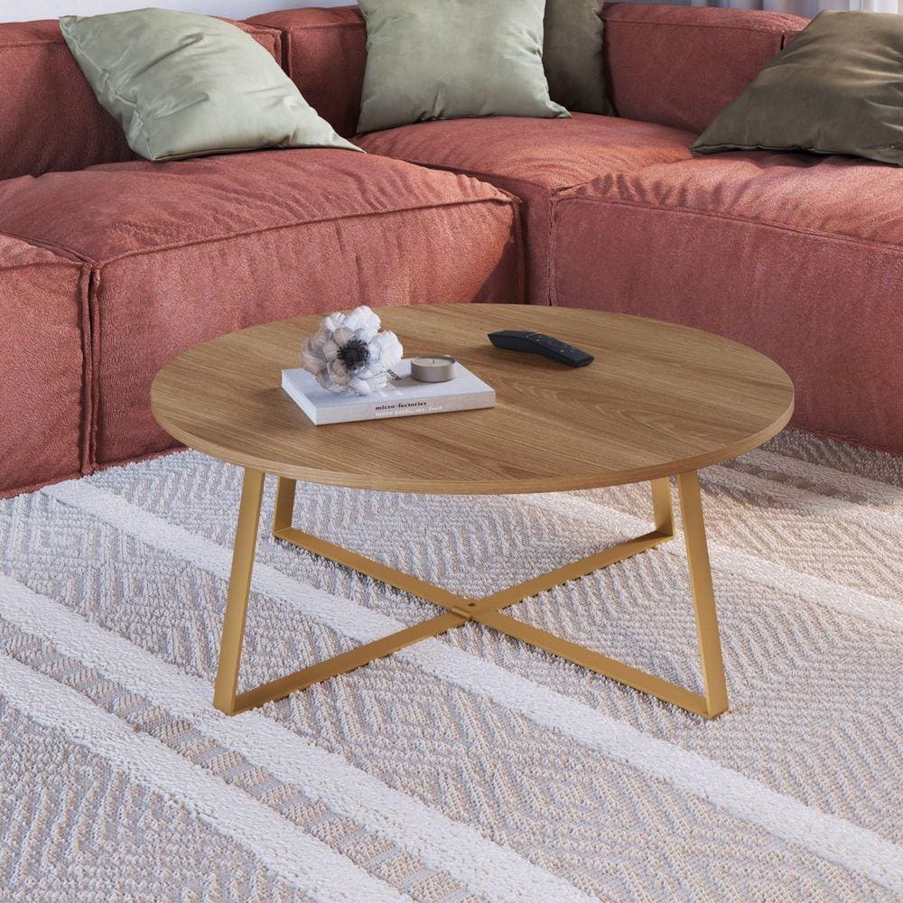 Mesa de Centro Redonda Industrial Artesano Hanover/Dourado