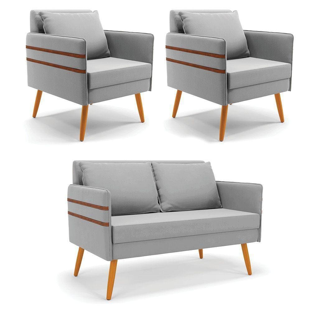 Kit 01 Namoradeira E 02 Poltronas Suede Cinza Castanho