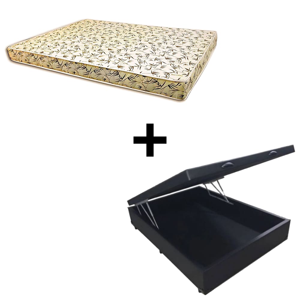 Cama Baú Casal - Tecido Sintético Preto Com Colchão Austrália Bello Box - 100% Espuma D26 Amarelo 55x138x188