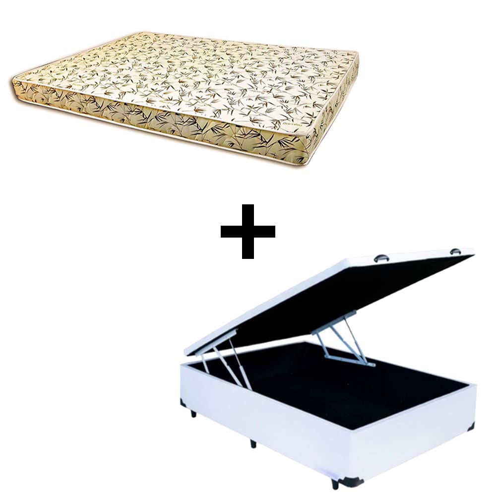 Cama Baú Viúva - Tecido Sintético Branco Com Colchão Austrália Bello Box - 100% Espuma D26 Amarelo 55x128x188