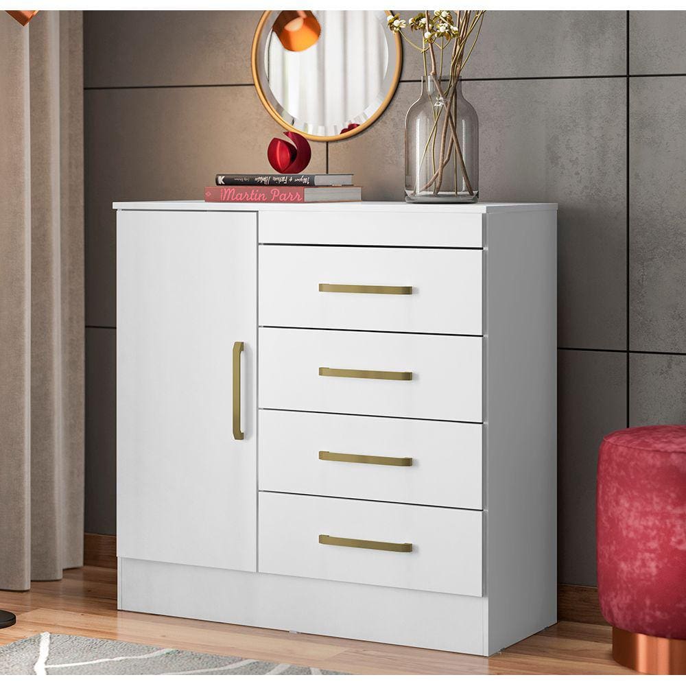 Cômoda Sapateira 4290 01 Porta 04 Gavetas Montevidéu Branco Rosa Flex Demóbile 