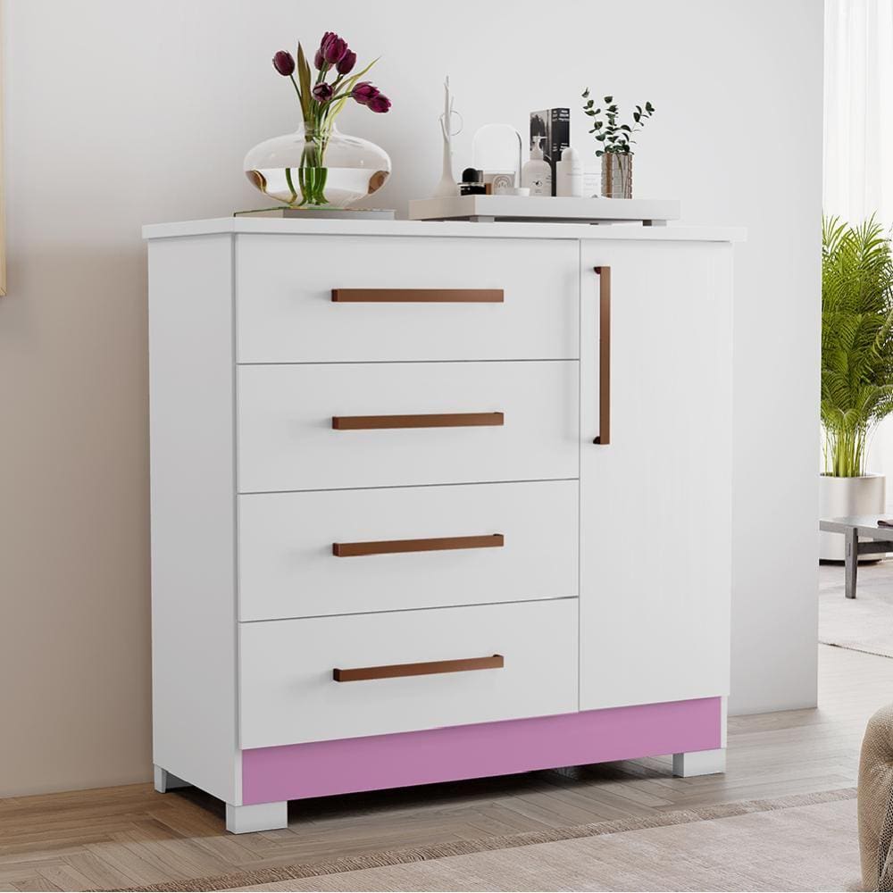 Cômoda Sapateira Infanto Juvenil 1 Porta 4 Gavetas Gabi Branco Rosa Flex NT 5185 Notável