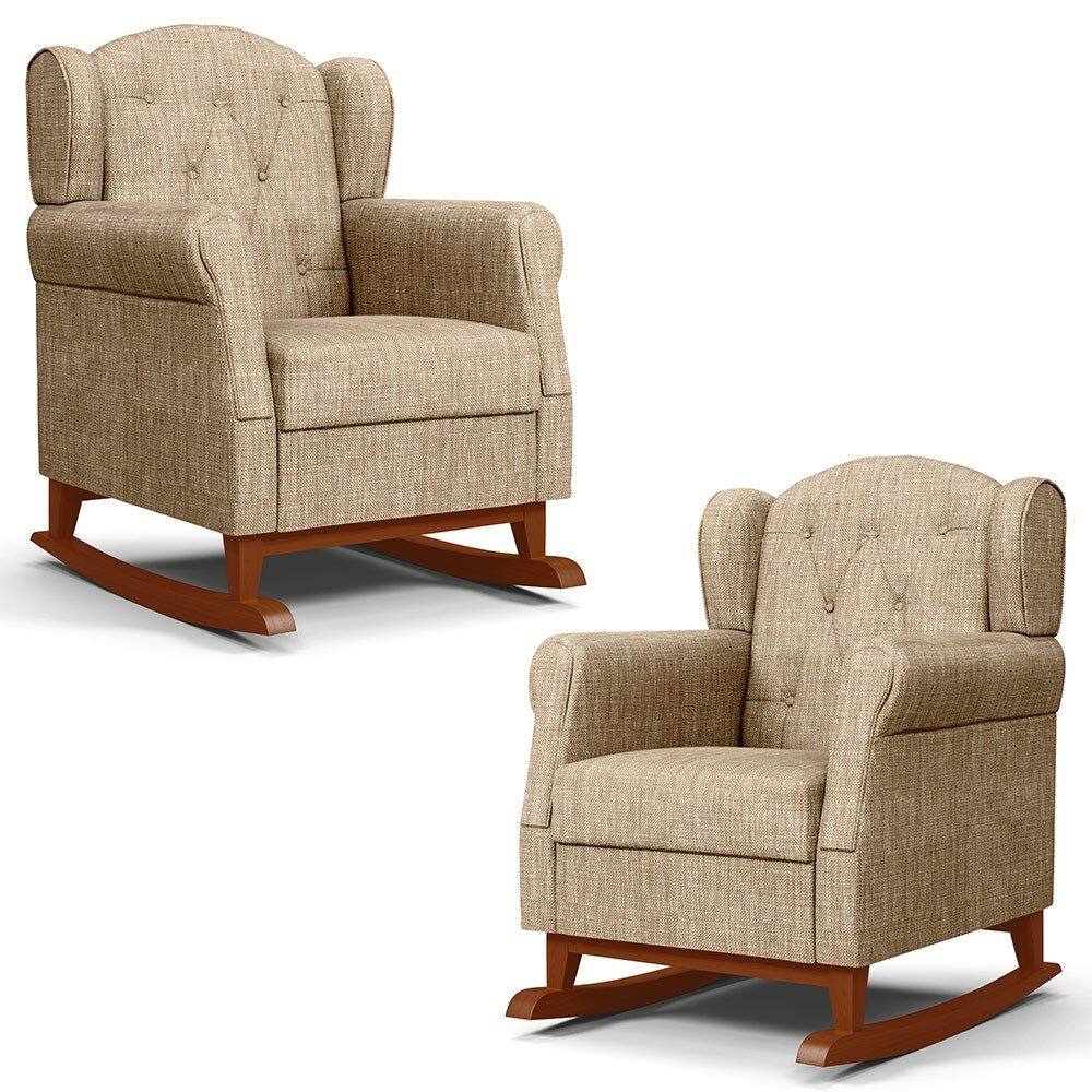 Kit 02 Poltronas de Amamentação Base de Madeira Balanço Lucy P04 Linho Bege Escuro - Mpozenato