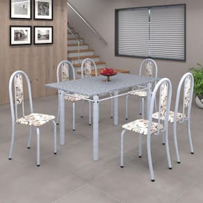 Conjunto de Mesa 140x75cm Tampo de Granito com 6 Cadeiras Iris A Soma Móveis Arabesco/Martelado Pérola/Granito