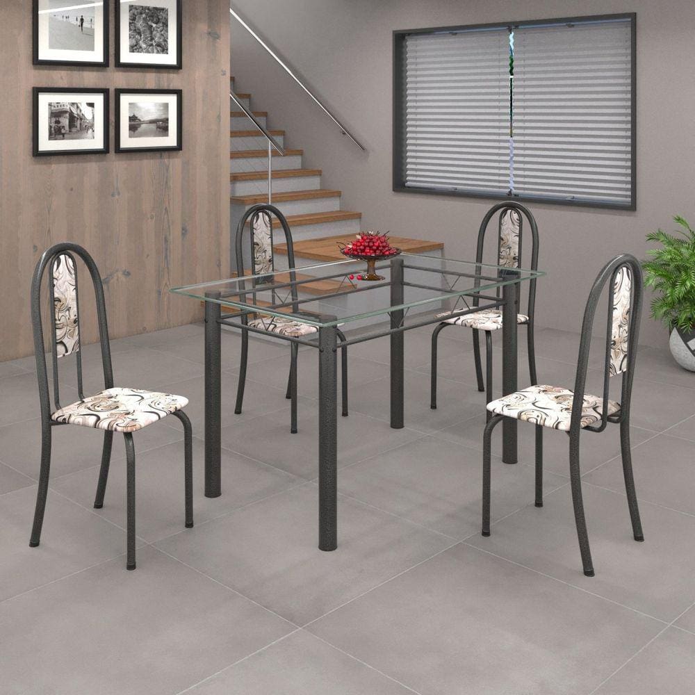 Conjunto de Mesa 120x75cm Tampo de Vidro com 4 Cadeiras Iris A Soma Móveis Arabesco/Martelado Prata