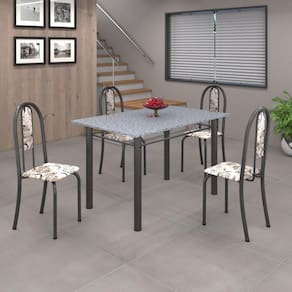 Conjunto de Mesa 120x75cm Tampo em Granito com 4 Cadeiras Iris A Soma Móveis Arabesco/Martelado Prata/Granito