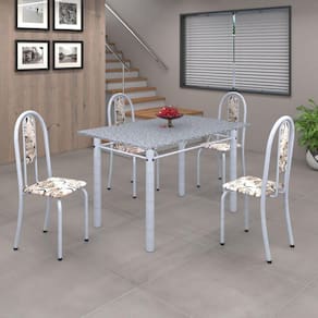 Conjunto de Mesa 120x75cm Tampo em Granito com 4 Cadeiras Iris A Soma Móveis Arabesco/Martelado Pérola/Granito
