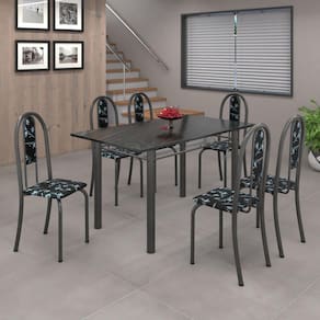 Conjunto de Mesa 140x75cm Tampo de Ardósia com 6 Cadeiras Iris A Soma Móveis Preto Floral/Martelado Prata/Ardosia Indiano