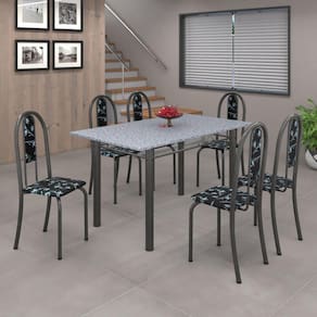Conjunto de Mesa 140x75cm Tampo de Granito com 6 Cadeiras Iris A Soma Móveis Paraopeba/Martelado Prata/Granito