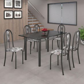 Conjunto de Mesa 140x75cm Tampo de Ardósia com 6 Cadeiras Iris A Soma Móveis Paraopeba/Martelado Prata/Ardósia
