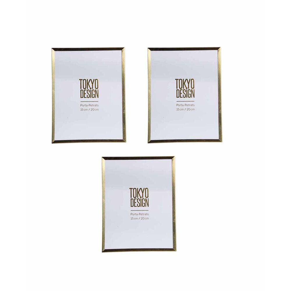 kit 3 Porta Retrato Metal Vidro 15x20 Moldura Dourado Fosco
