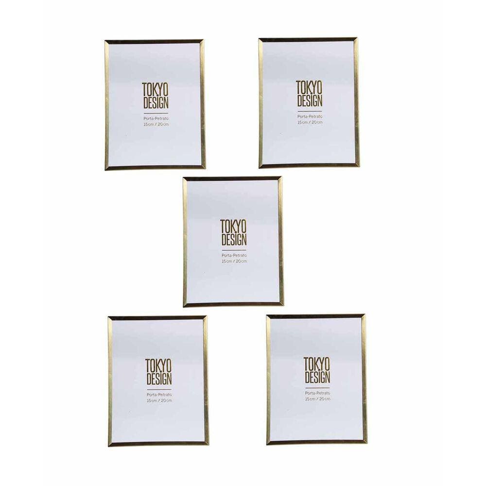 kit 5 Porta Retrato Metal Vidro 15x20 Moldura Dourado Fosco
