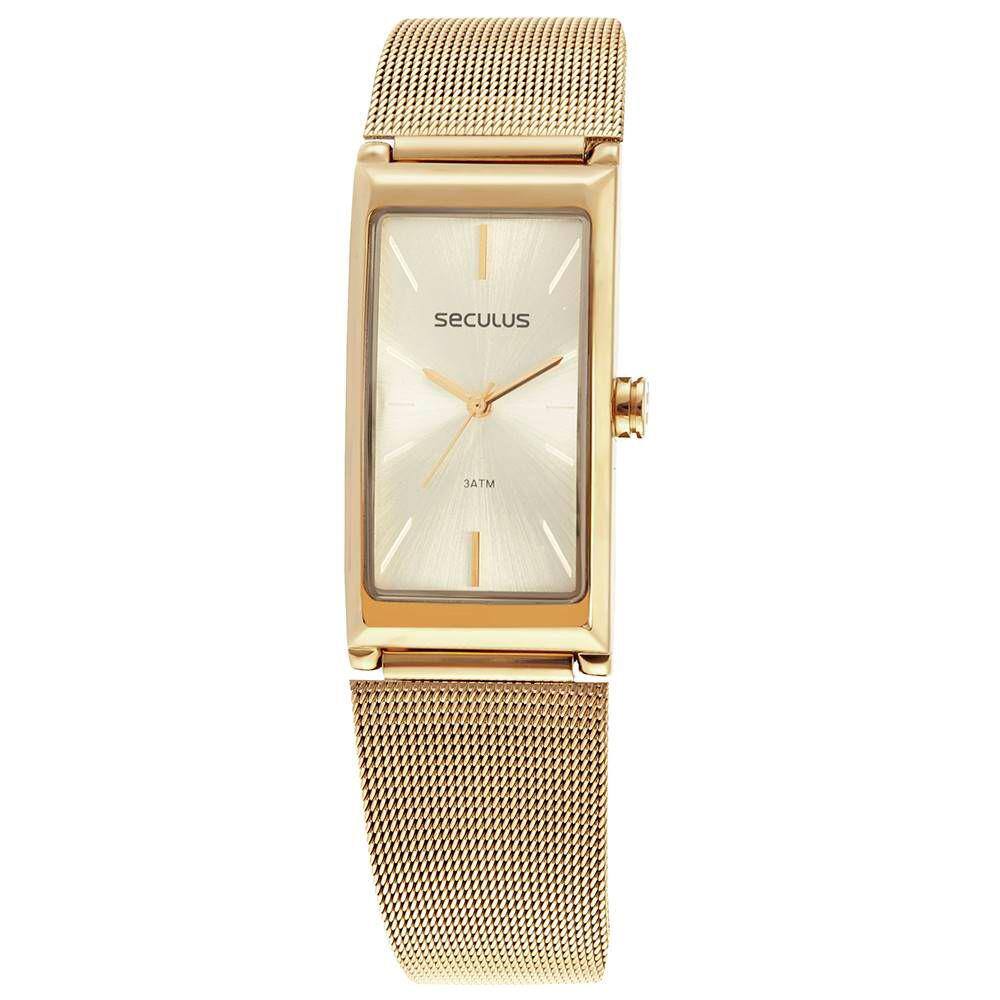 Relógio Seculus Feminino Ref: 77144lpsvds1 Retangular Mesh Dourado