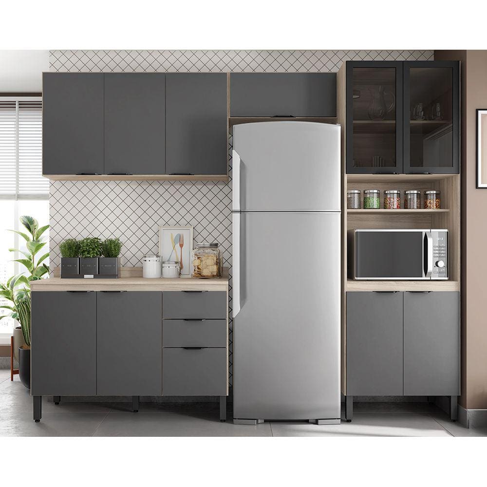 Cozinha Modulada Completa 11 Portas 02 Gavetas Firenze Avena Grafito Demóbile