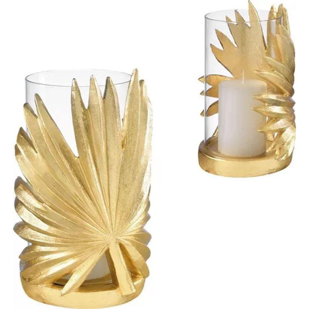 Castiçal De Vidro Porta Velas Folha Palmeira Dourada 24 X 16