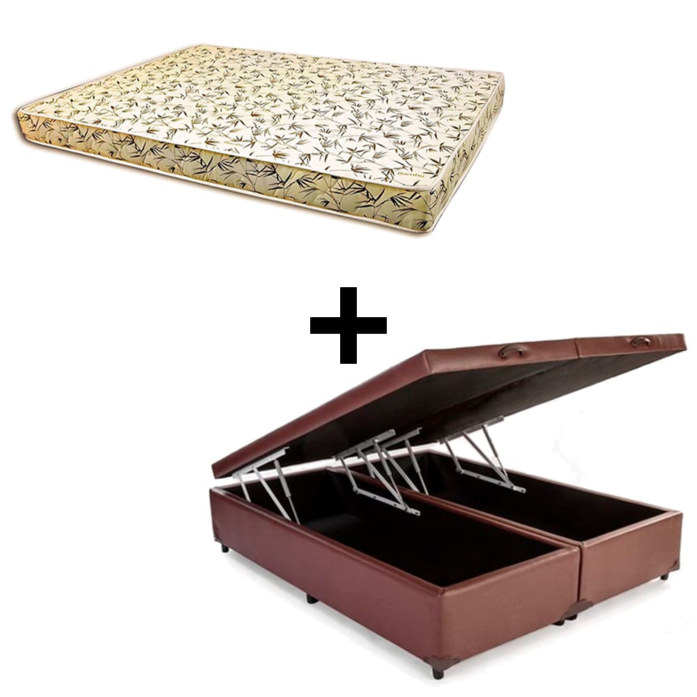 Cama Baú King - Tecido Sintético Marrom Com Colchão Austrália Bello Box - 100% Espuma D26 Amarelo 55x193x203