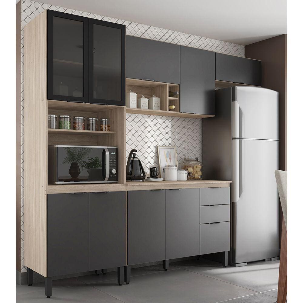 Cozinha Modulada Completa 10 Portas 02 Gavetas Firenze Avena Grafito Demóbile