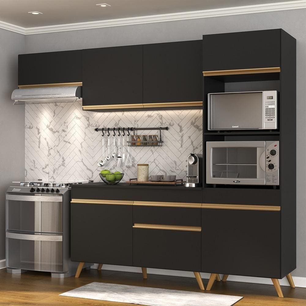 Armário De Cozinha Compacta 252cm Multimóveis Preto/dourado
