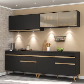 Armário De Cozinha Compacta 240cm Com Led Preto/dourado