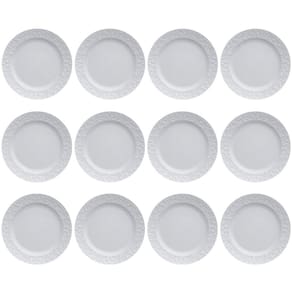 Jogo 12 Pratos Rasos Redondos 26,5cm em Porcelana com Relevo Tassel Germer Branco