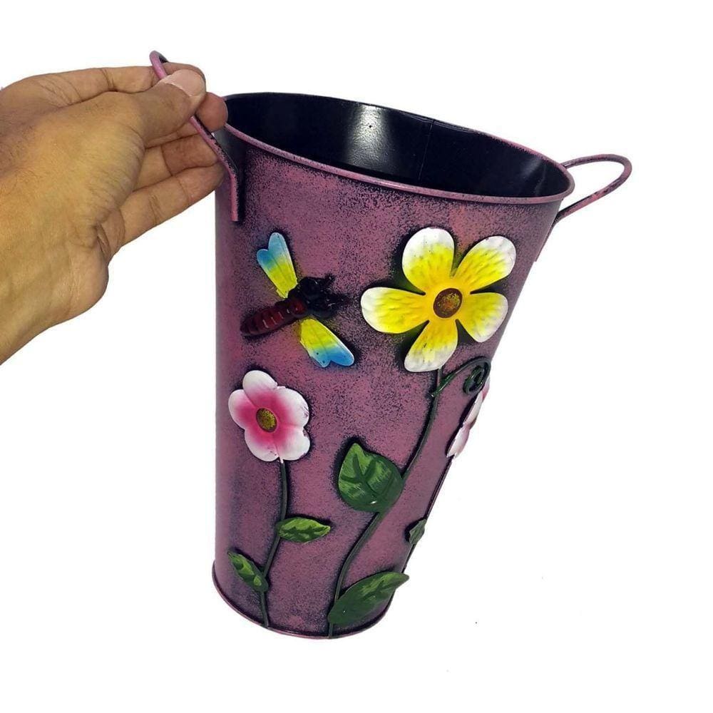 Balde Vaso De Ferro Com Alça Jardim Flor Libelula Rosa