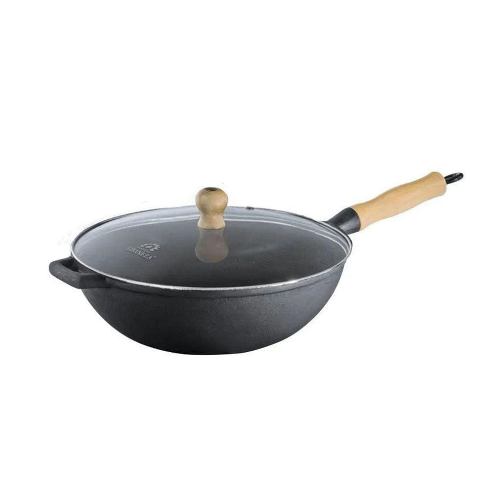 Panela Frigideira Wok Em Ferro Fundido Com Tampa Vidro 28 Cm