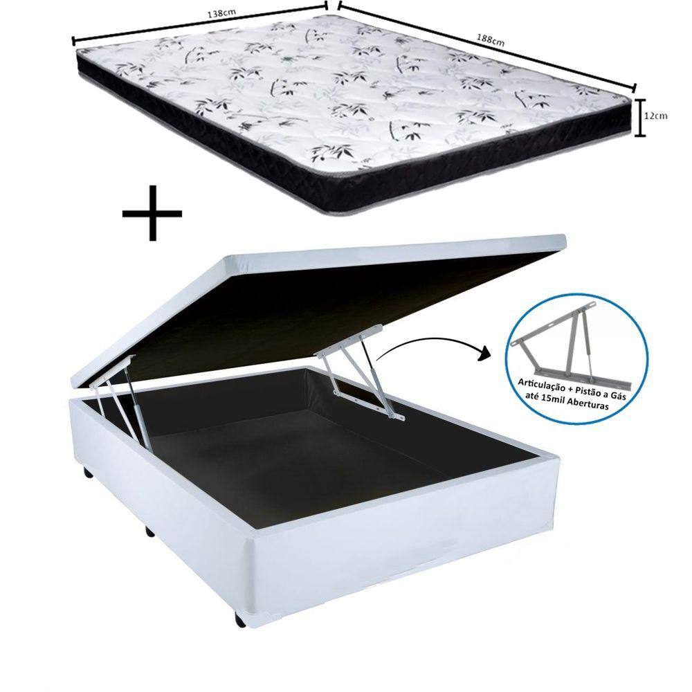 Cama Box Baú Casal Sintético Branco    + Colchão Casal Espuma D33 Com EPS 28x138x188