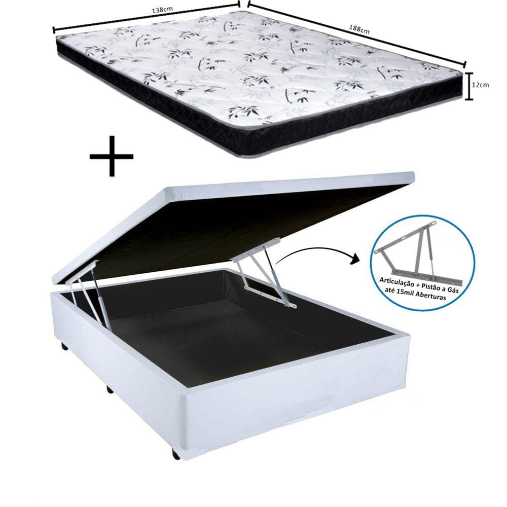 Cama Box Baú Casal Sintético Branco + Colchão Casal Espuma D33 Com EPS 20x138x188