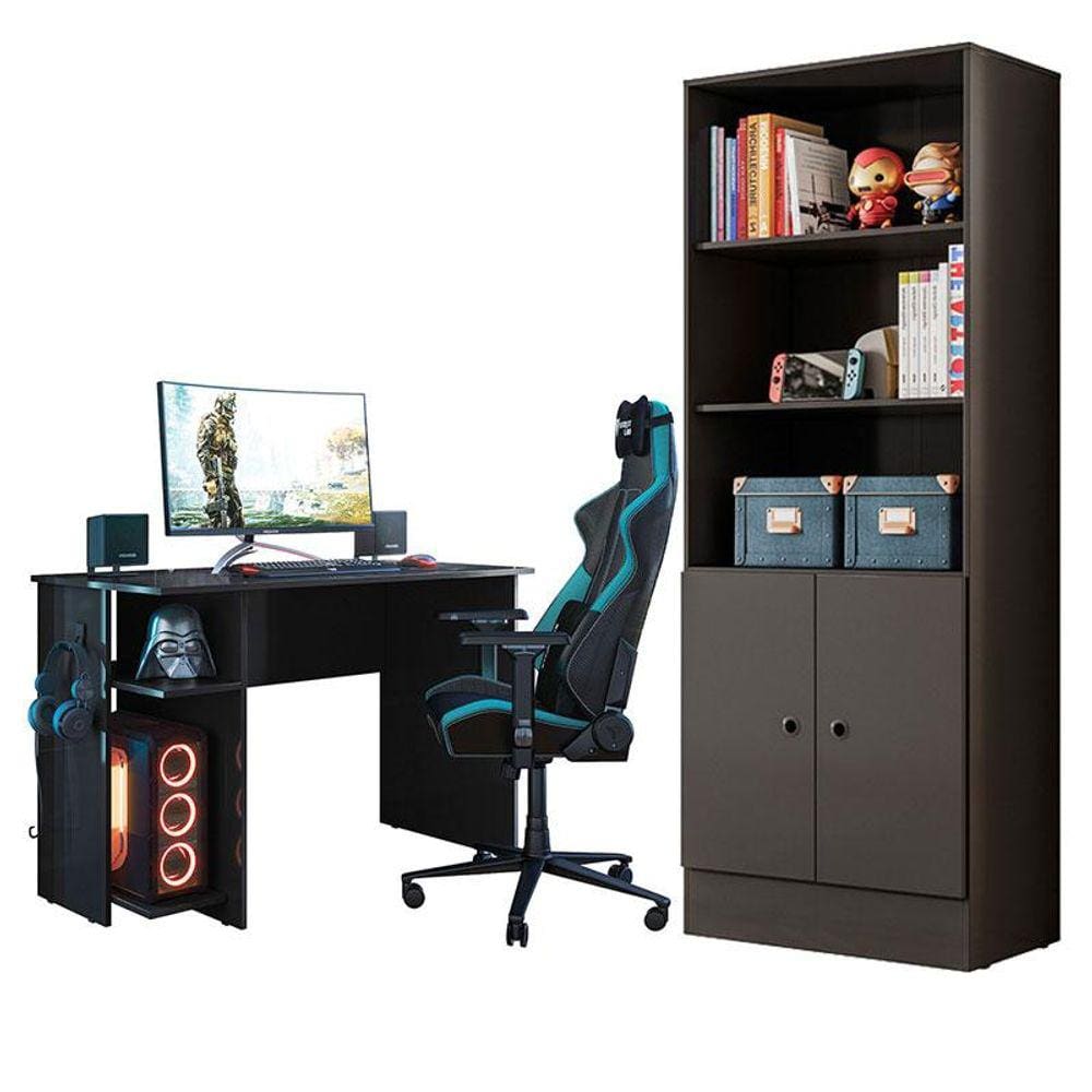 Mesa para Computador 3875 e Armário Gamer 4095 Preto Fosco - Qmovi