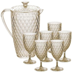 Kit jarra 2 litros e 6 taças para água 380ml de plástico Cristal âmbar Plasutil