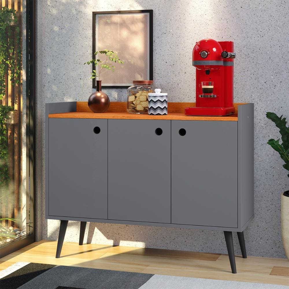 Aparador Buffet 3 Portas Moderno 90 cm Cantinho Café Sala Estar Jantar Recepção Pequena Wood New- Cinza/ Cinamomo - RPM Móveis
