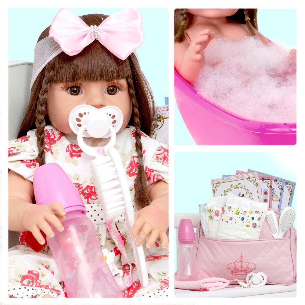 Boneca Bebê Reborn Silicone Menina Elefante Olhos Castanhos 55cm