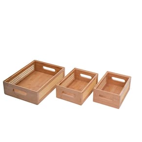 Kit 3 caixas organizadoras empilháveis de bambu e palhinha 22cm, 24cm e 32cm - Oikos