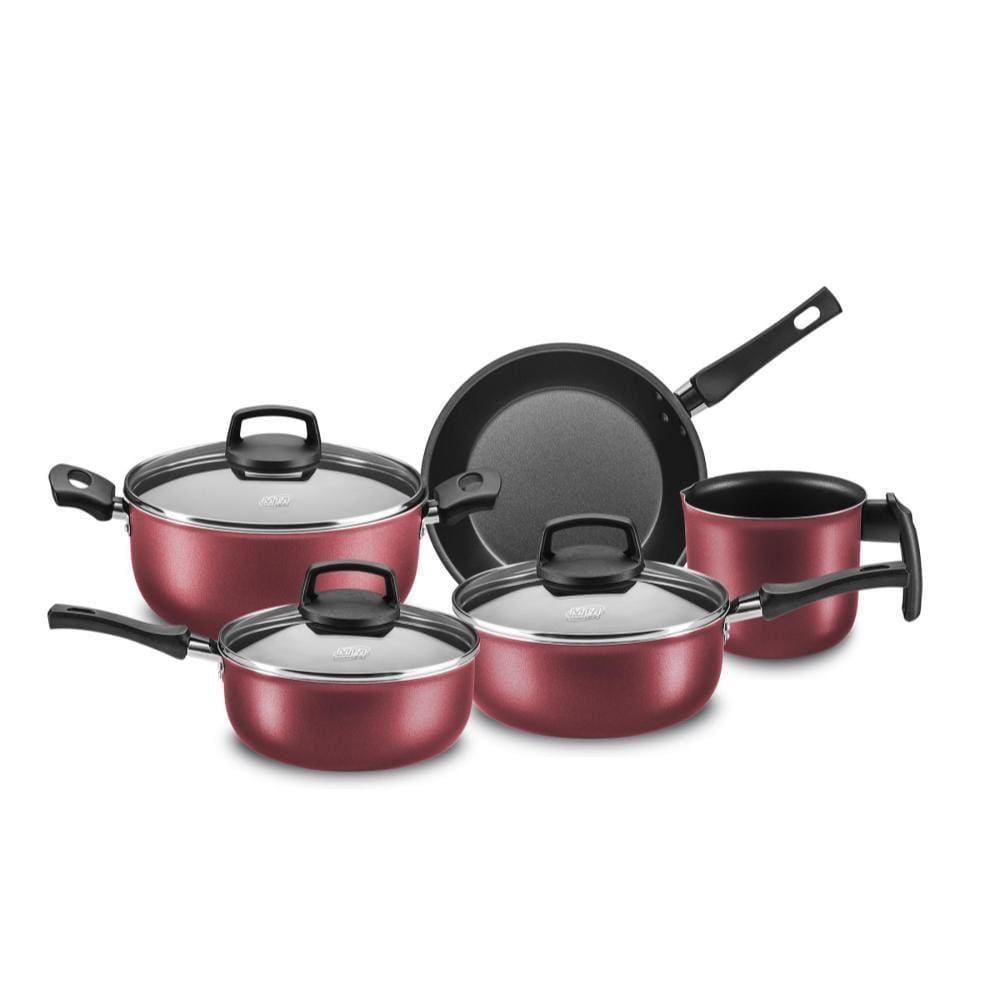 Jogo de Panelas 5 peças Antiaderente Conjunto Cristal Cereja Vermelho MTA