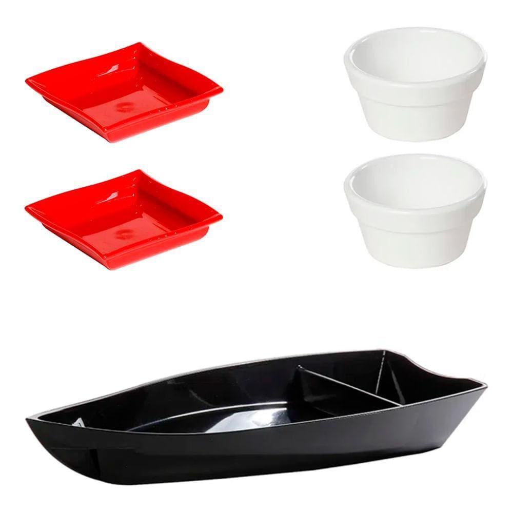 Kit Sushi Com 1 Barco + 2 Molheiras + 2 Ramequim Preto em Polipropileno Linha Tropical VEM