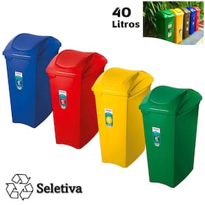Kit 4 Lixeiras 40 Litros Seletivas Para Plástico Papel Metal Vidro Cesto De Lixo Tampa Basculante - Sanremo