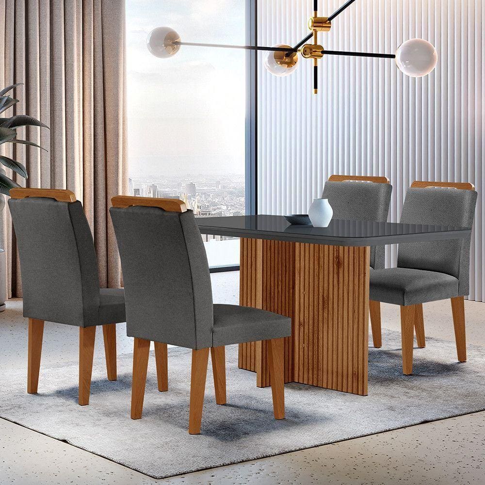 Mesa Olímpia 120cm Mdf Vidro Canto Copo Com 4 Cadeiras