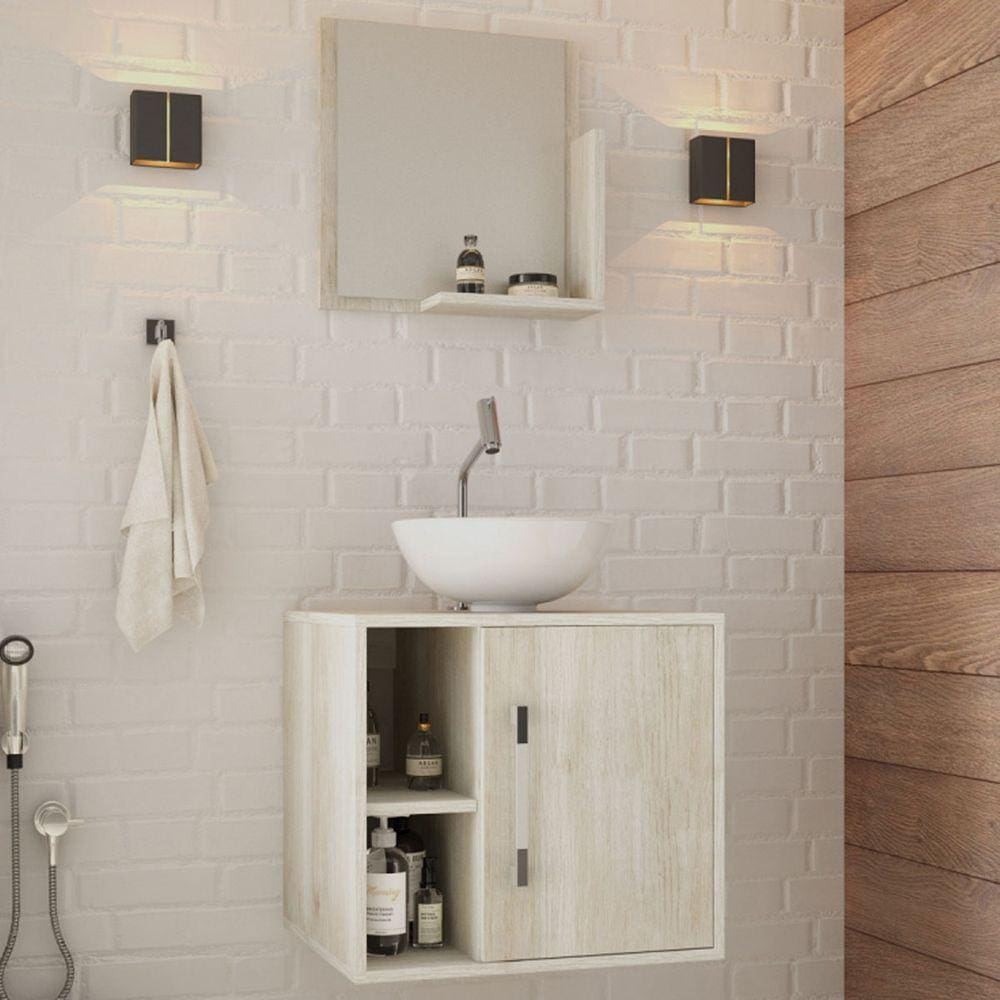 Armário De Banheiro Com Cuba E Espelho Soft 1 Porta 2 Prateleiras Snow 13686 - Compace