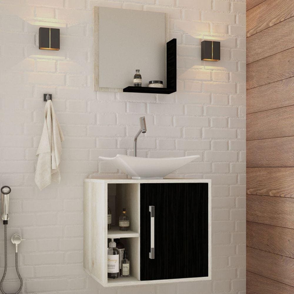 Armário De Banheiro Com Cuba E Espelho Soft 1 Porta Snow/preto ônix 13684 - Compace