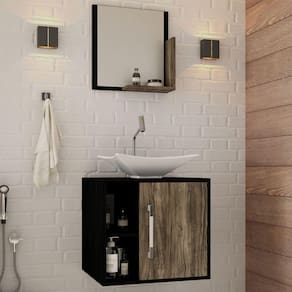 Armário De Banheiro Com Cuba E Espelho Soft 1 Porta Preto ônix/carvalho Dark 13684 - Compace