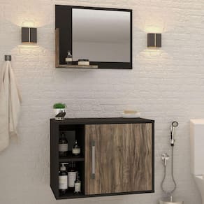 Armário De Banheiro 1 Porta 2 Prateleiras Com Espelho Preto ônix/carvalho Dark 14700 - Compace