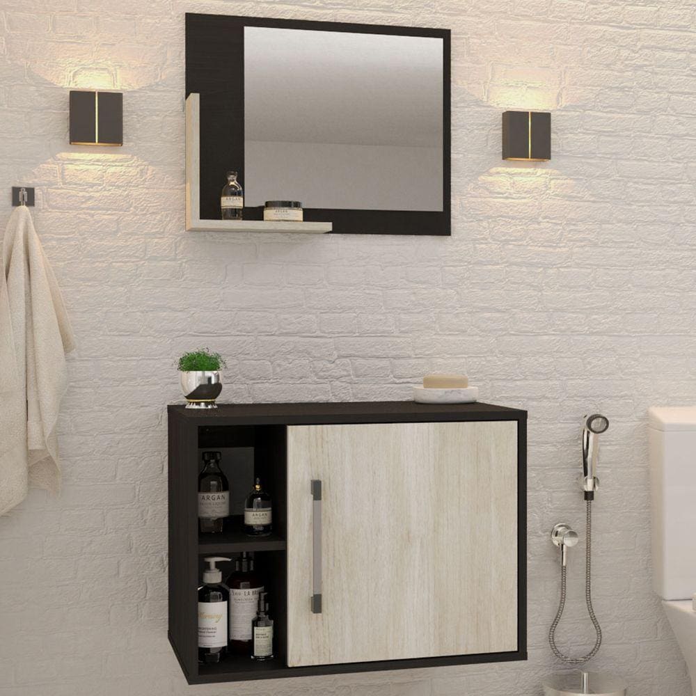 Armário De Banheiro 1 Porta 2 Prateleiras Com Espelho Preto Onix/snow 14700 - Compace