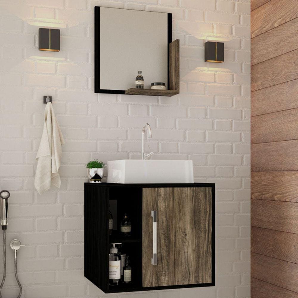 Armário De Banheiro Com Cuba E Espelho Soft 1 Porta 2 Prateleiras Preto ônix/carvalho Dark 13685 -